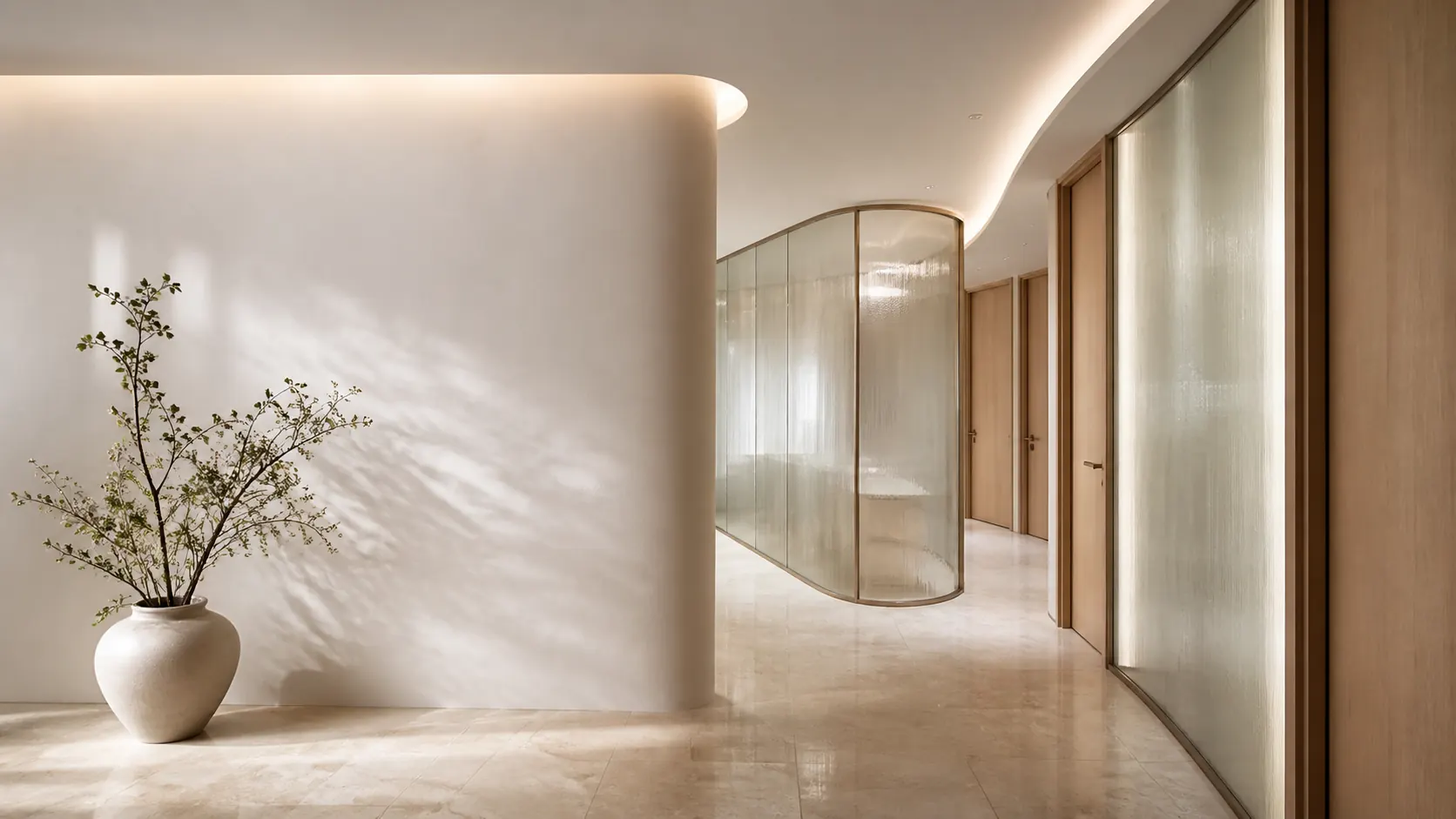 Corredor de clínica contemporânea com iluminação acolhedora
