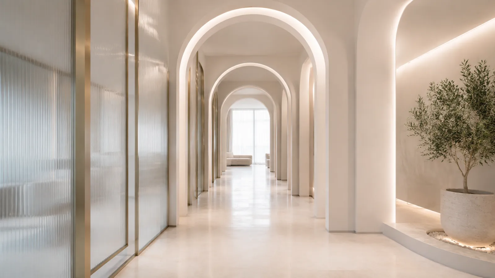 Corredor de clínica contemporânea com iluminação suave